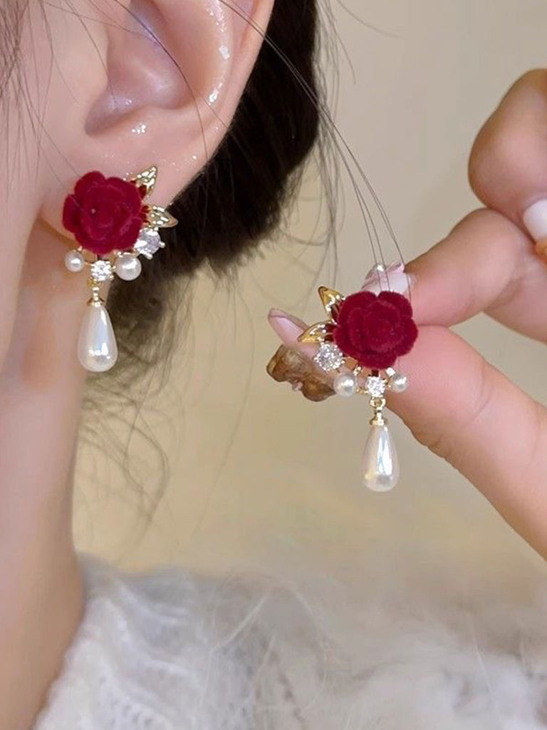 Rose Pearl Pendant Bow Stud Earrings — vintage elegance for the modern woman
