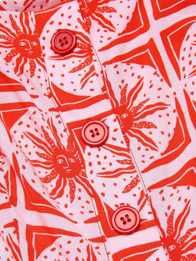 Rose Pink 1970s Boho Sun Print Button Romper - vintage jumpsuit, retro fashion