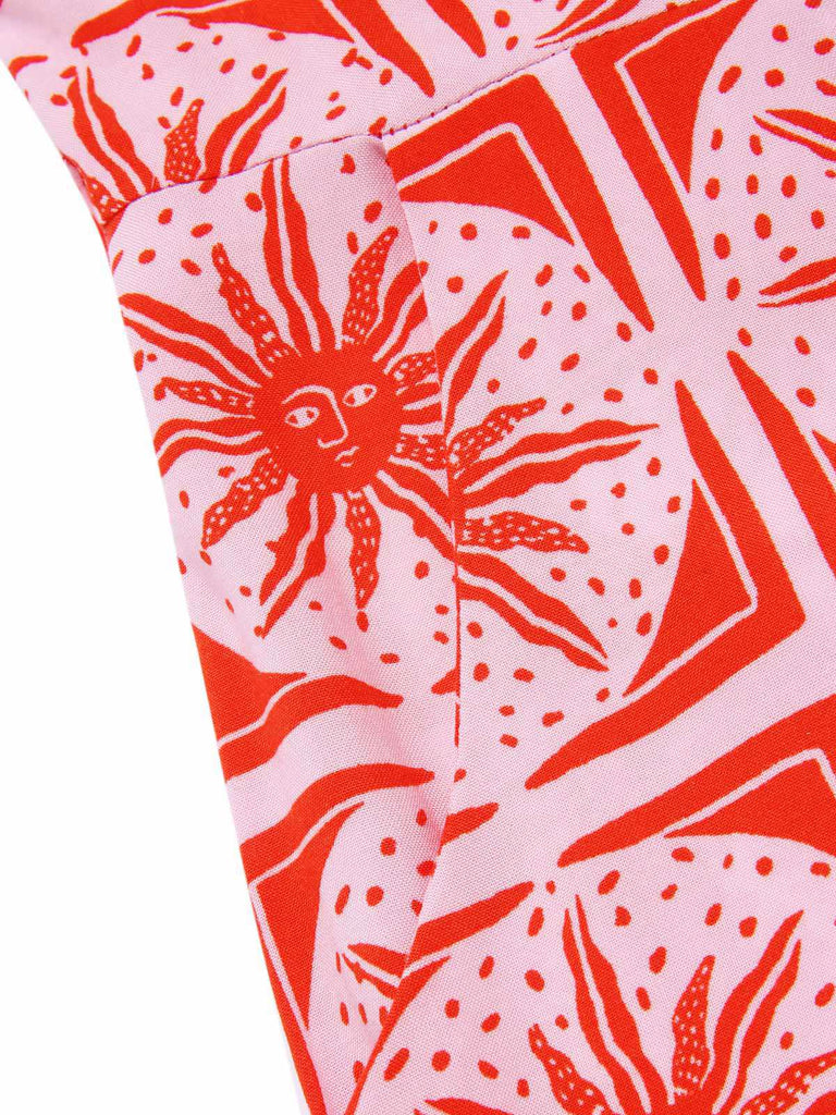 Rose Pink 1970s Boho Sun Print Button Romper - vintage jumpsuit, retro fashion