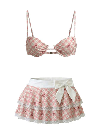 Rose Red Plaid Bow Lace Bikini Set