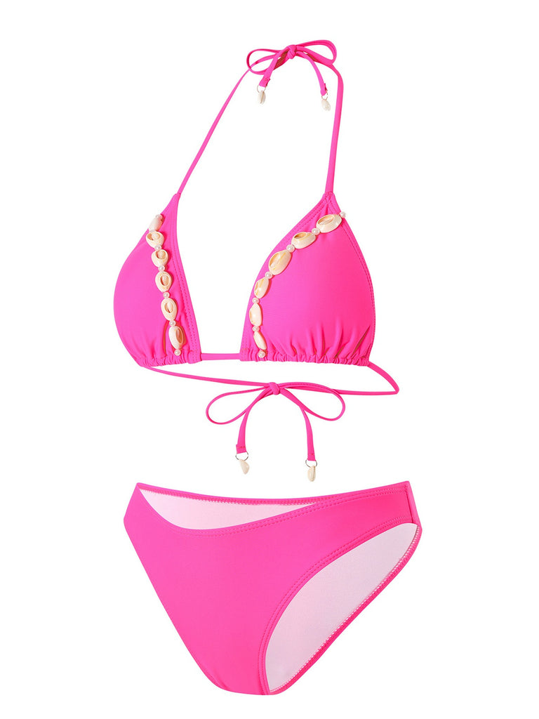 Rose Red 1940s Boho Seashell Halter Bikini Set - vintage fashion, retro style, elegant red