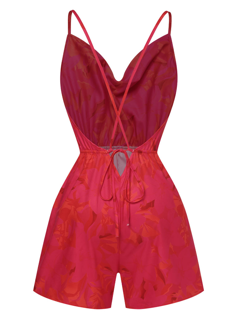 Rose Red 1950s Floral Backless Romper, vintage romper, retro jumpsuit - perfect for women who love vintage and retro fashion