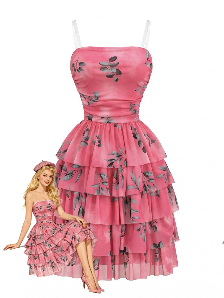 Rose Red 1950s Leaf Print Ruched Tiered Mesh Dress - vintage dress, retro fashion, rockabilly, pin-up fashion for vintage lovers