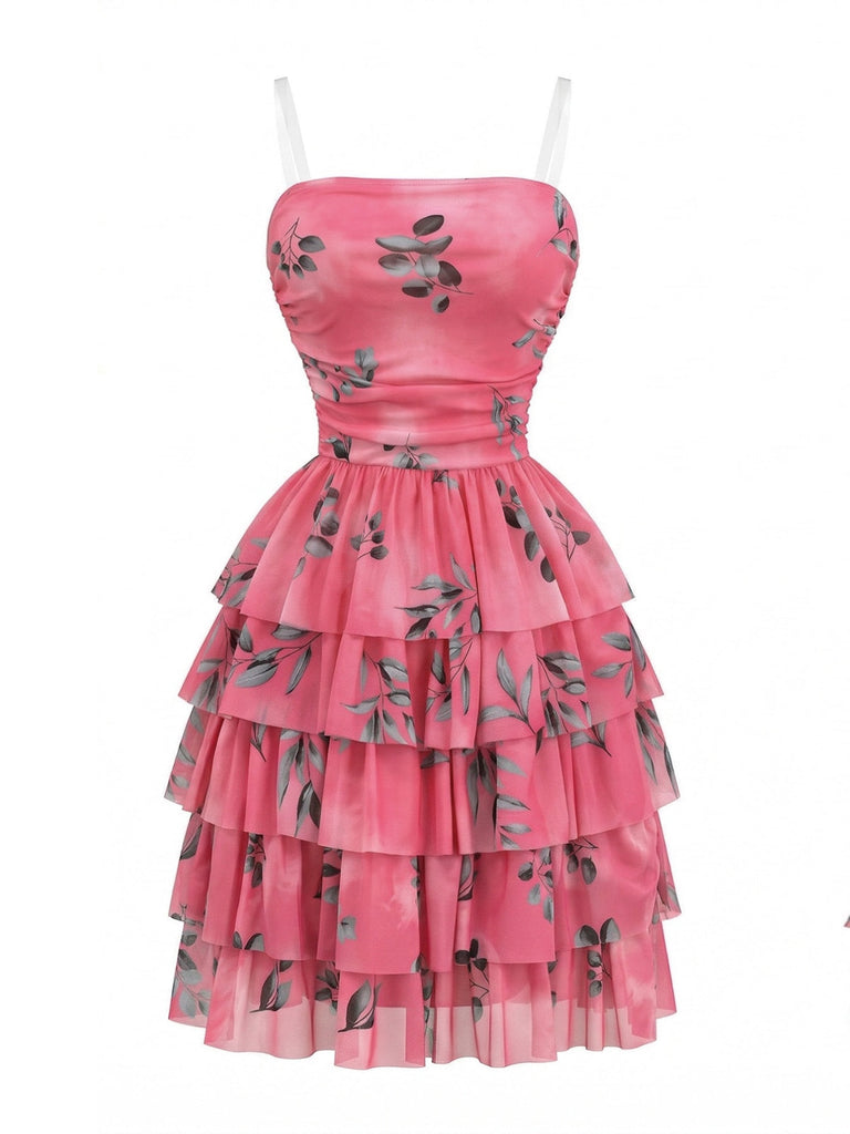 Rose Red 1950s Leaf Print Ruched Tiered Mesh Dress - vintage dress, retro fashion, rockabilly, pin-up fashion for vintage lovers