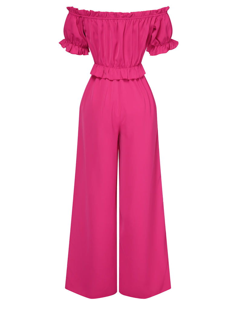 Rose Red 1950s Off-Shoulder Ruffles Solid Jumpsuit, vintage romper, retro jumpsuit - perfect for women who love vintage and retro fashion