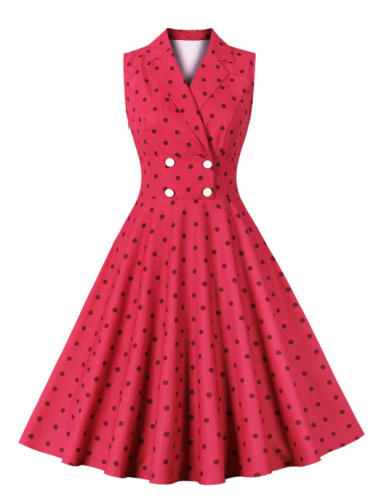 Rose Red 1950s Polka Dots Lapel Sleeveless Dress: timeless style reimagined