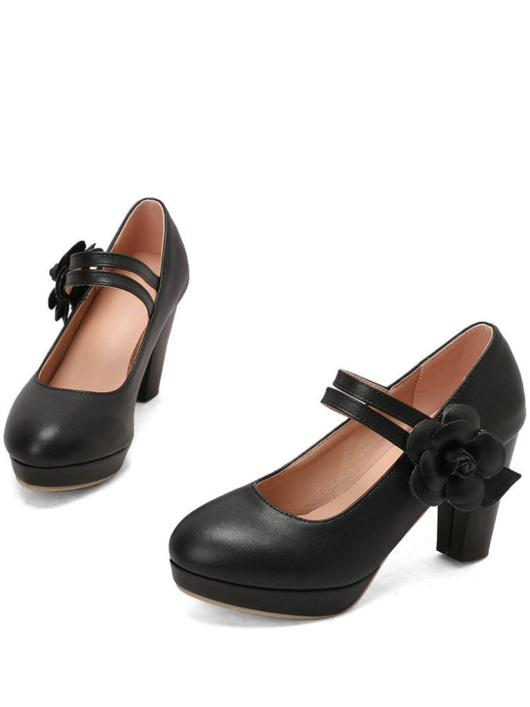 Round Toe Chunky Heel Flower Mary Jane Heels - vintage shoes, retro heels