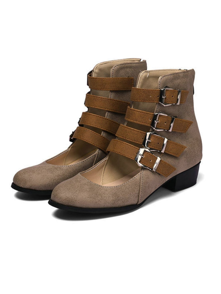 Round Toe Low Chunky Heel Cut-Out Boots - vintage shoes, retro heels