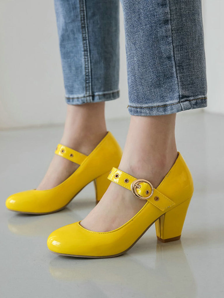 Round Toe Patent Leather Buckle High Heels — vintage vintage charm for her modern wardrobe