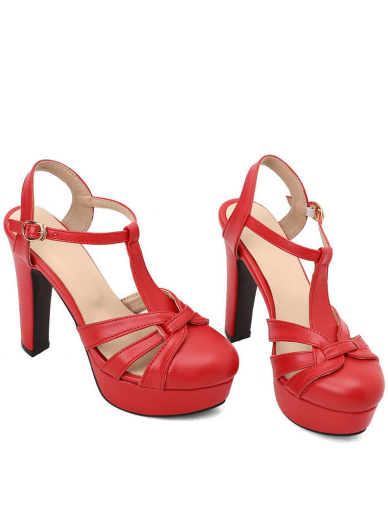 Round Toe T-Strap Chunky Block Heel Platform Sandals - vintage shoes, retro heels