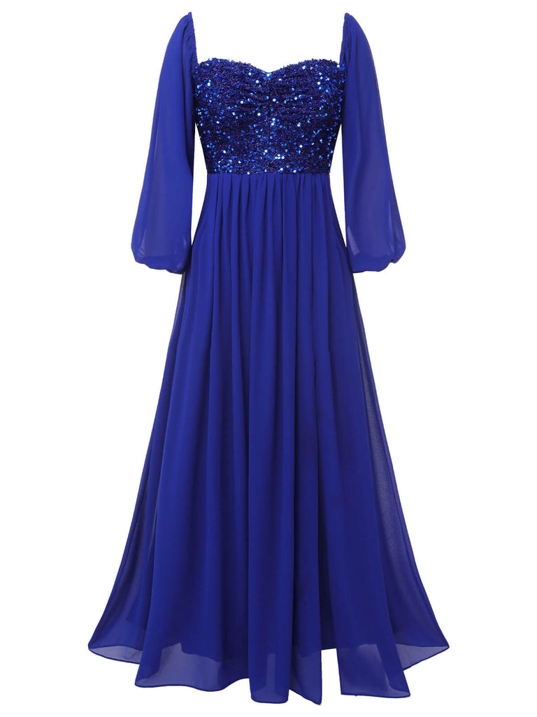 She slips into this Royal Blue 1920s Sequined Sweetheart Neck Maxi Dress and suddenly it's a 1920s daydream
