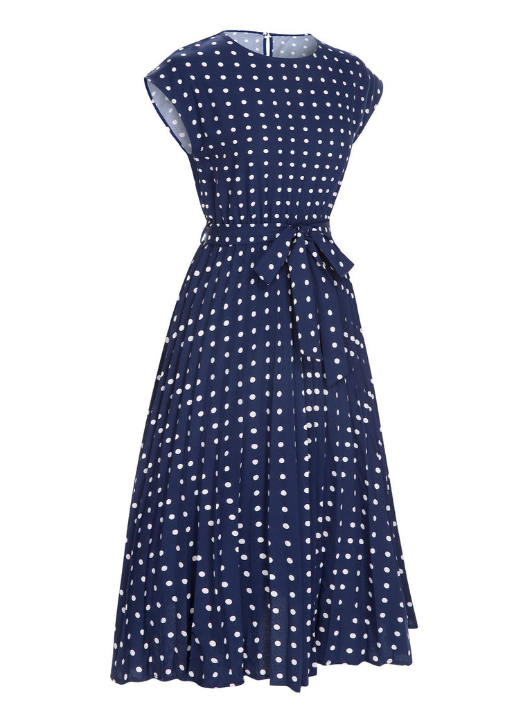 Royal Blue 1940s Polka Dots Belt Cap Dress, vintage dress, retro fashion - perfect for women who love vintage and retro fashion
