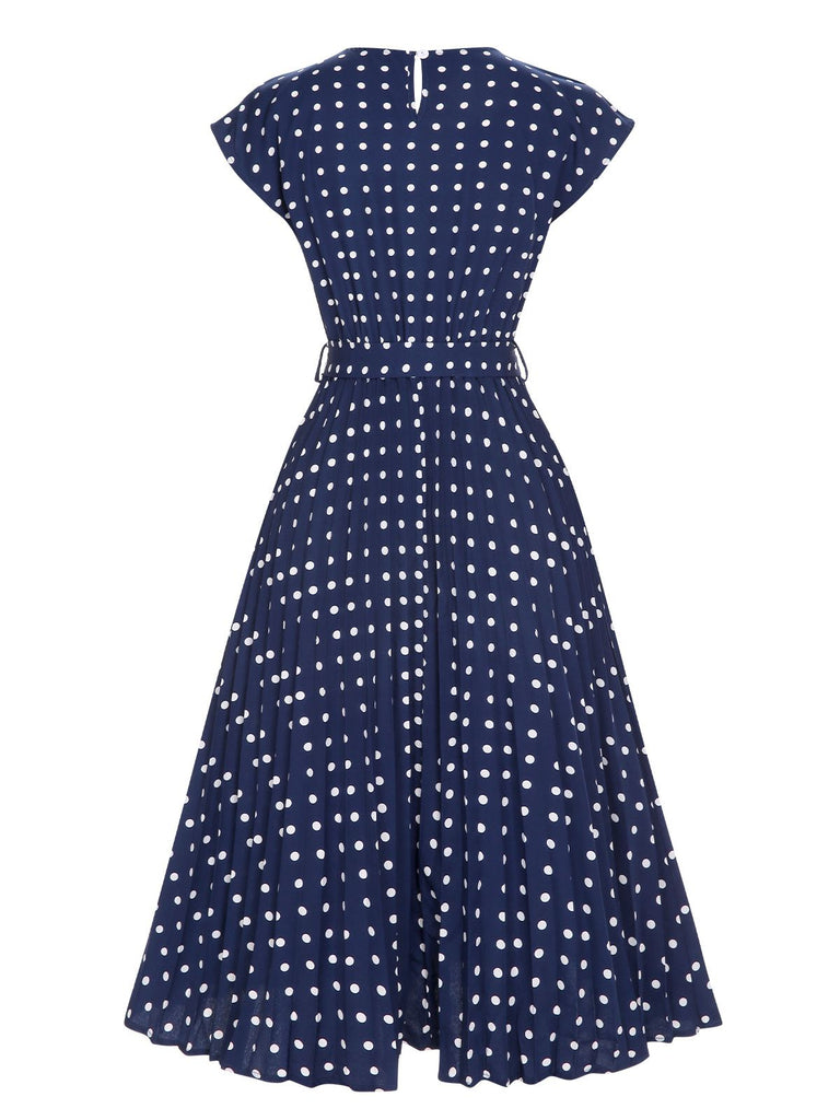 Royal Blue 1940s Polka Dots Belt Cap Dress, vintage dress, retro fashion - perfect for women who love vintage and retro fashion