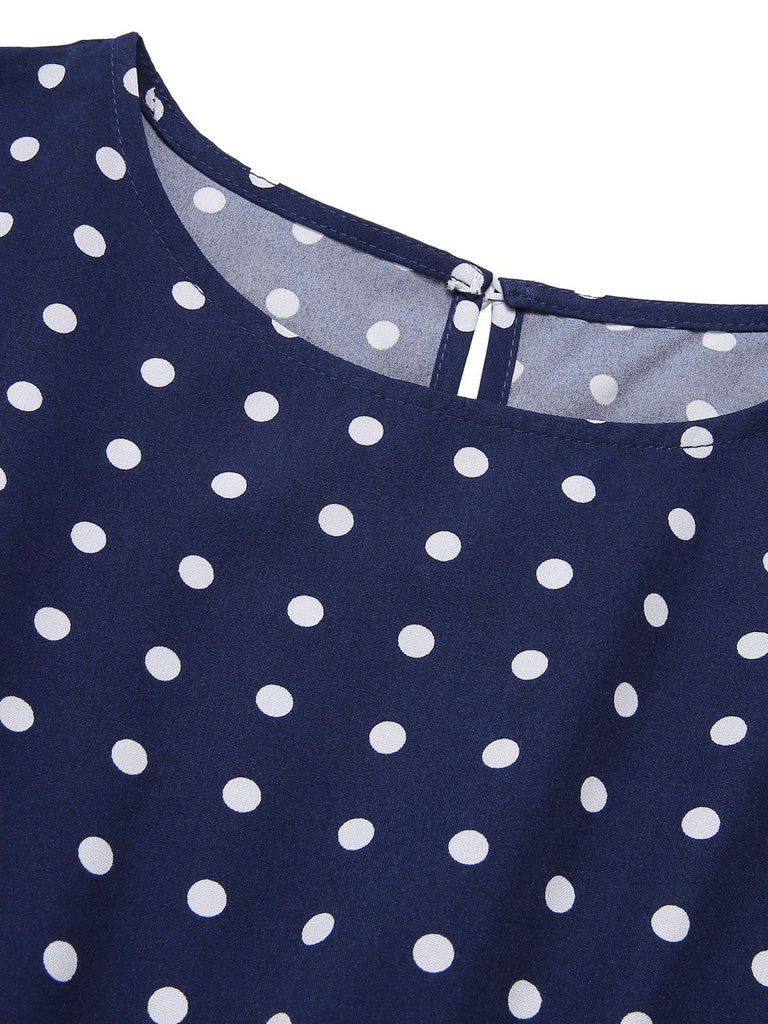Royal Blue 1940s Polka Dots Belt Cap Dress, vintage dress, retro fashion - perfect for women who love vintage and retro fashion