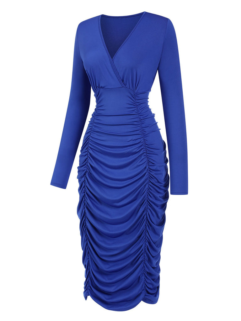 Royal Blue 1960s V-Neck Pleated Dress, vintage dress, retro fashion - perfect for women who love vintage and retro fashion