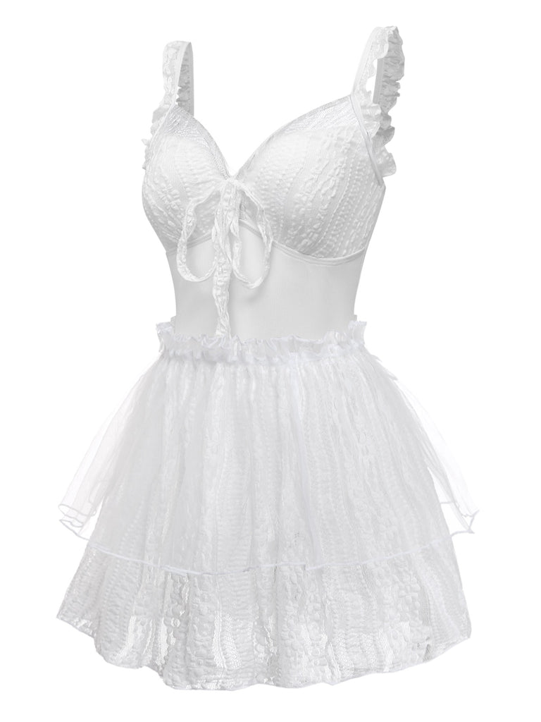 [Pre-Sale] 2PCS White 1950s Lace Ruffled Bow Swimsuit & Cover-Up