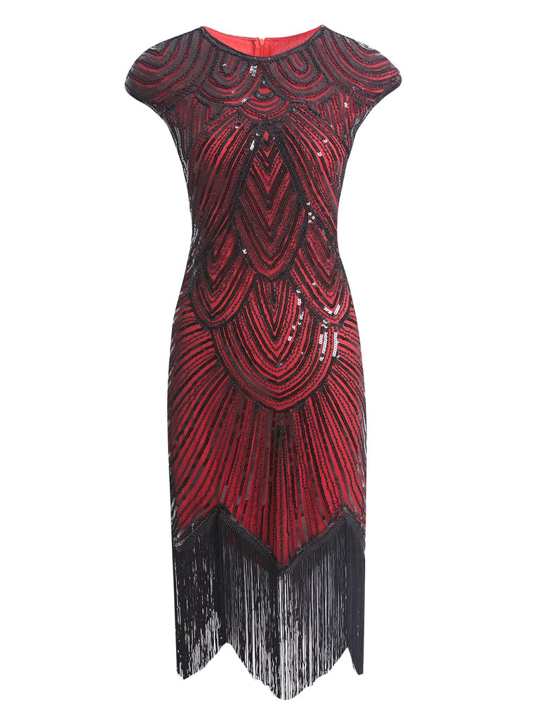 US Only Wine Red 1920s Sequin Beaded Fringed Dress