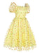 Yellow 3D Floral Puff Sleeves Swing Dress