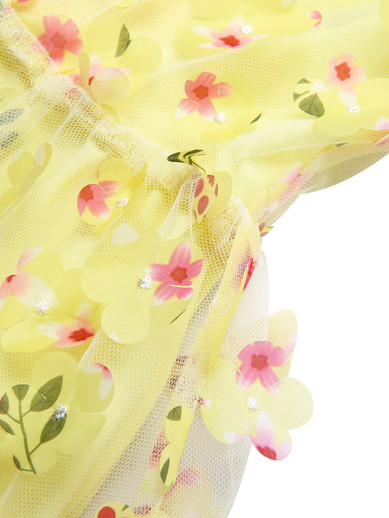 Yellow 3D Floral Puff Sleeves Swing Dress