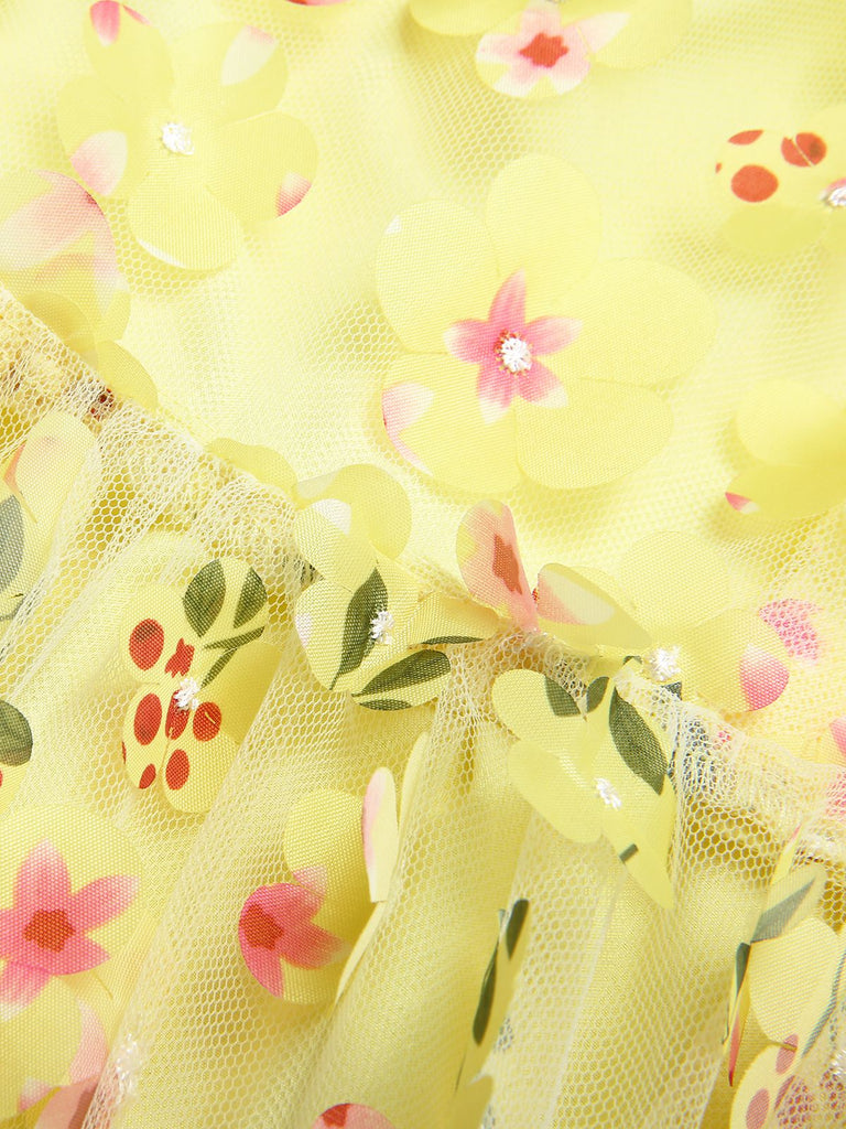 Yellow 3D Floral Puff Sleeves Swing Dress