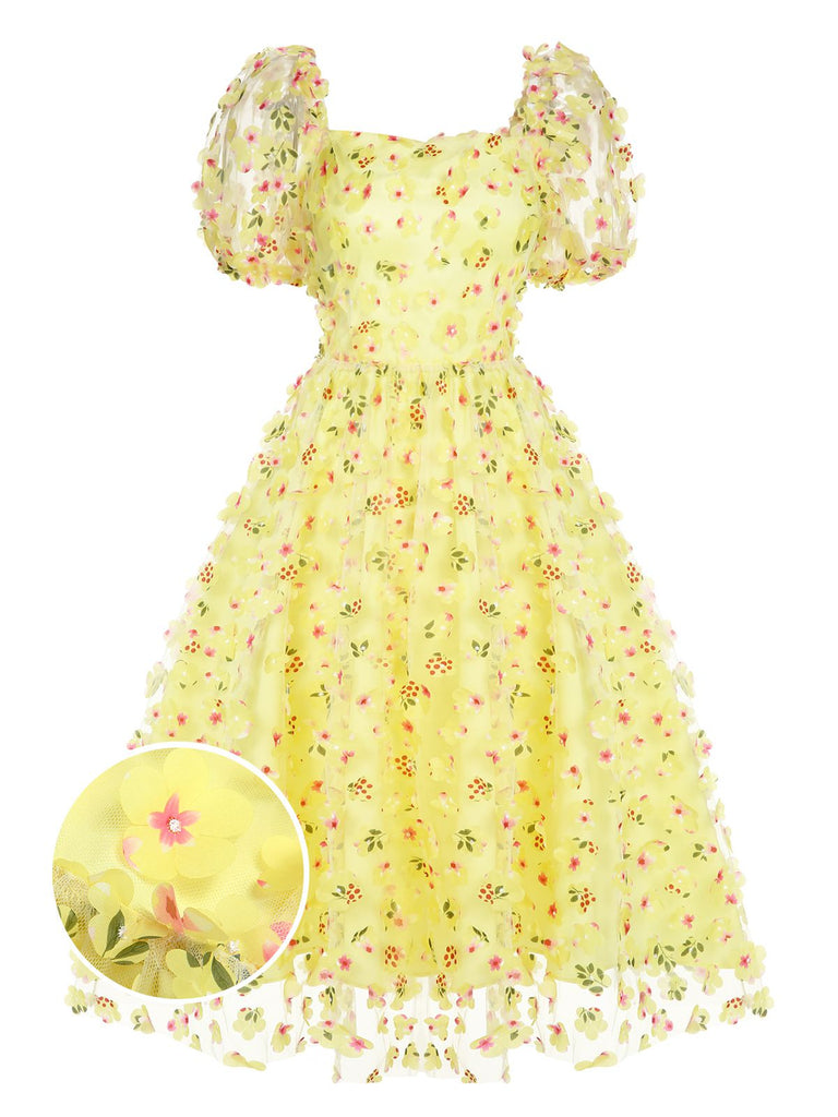 Yellow 3D Floral Puff Sleeves Swing Dress