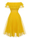 Yellow 1950s Dots Off-Shoulder Mesh Swing Dress