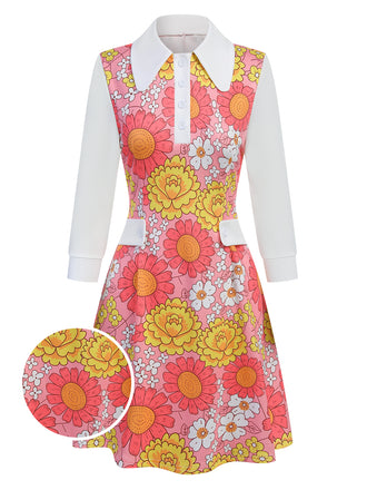 Pink 1960s Lapel Flowers Patchwork Dress