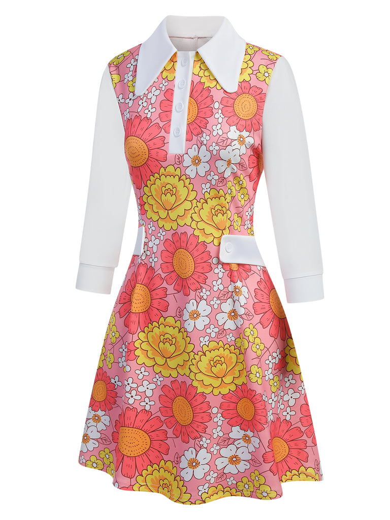 [Pre-Sale] Pink 1960s Lapel Flowers Patchwork Dress