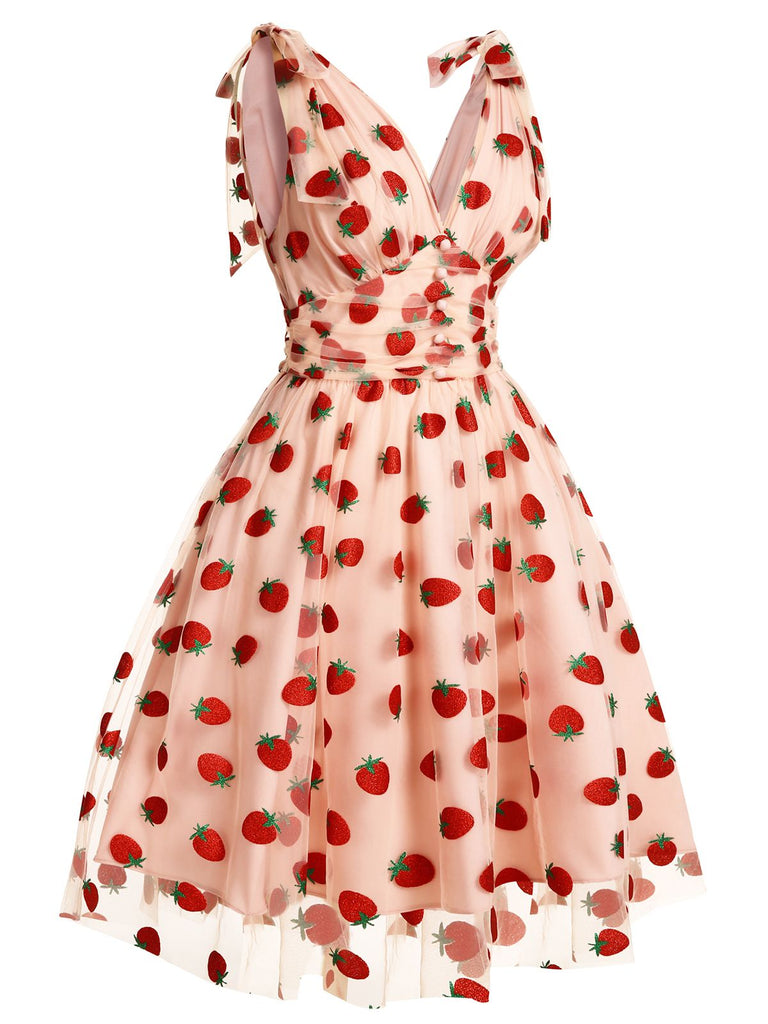 [US Warehouse] Pink 1950s Strawberry Mesh Swing Dress