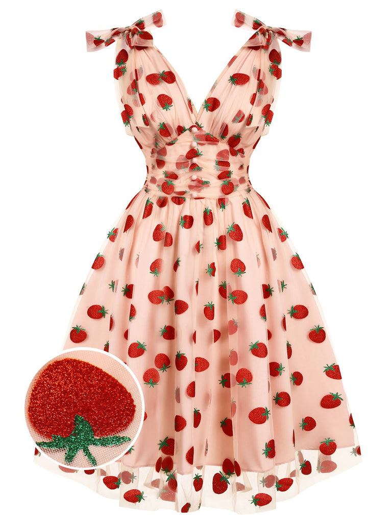 Pink 1950s Strawberry Mesh Swing Dress