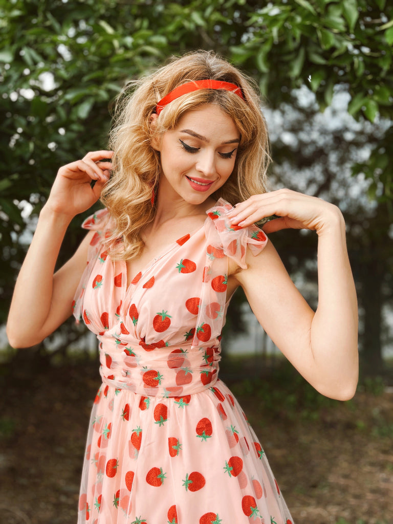 Pink 1950s Strawberry Mesh Swing Dress