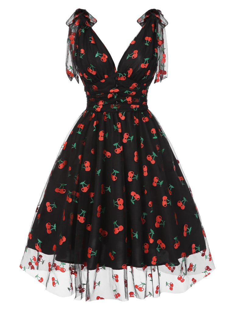 Pink 1950s Strawberry Mesh Swing Dress