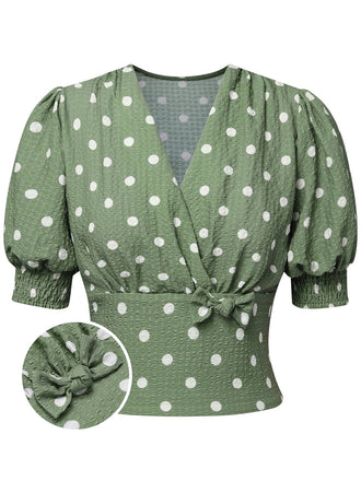 Green 1940s Dots Bowknot V-Neck Blouse