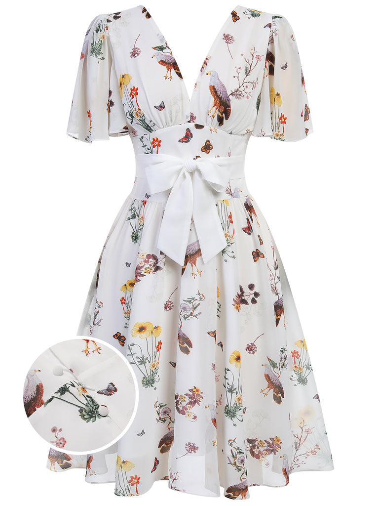 Pink Flowers And Birds Bowknot V-Neck Dress