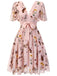 Pink Flowers And Birds Bowknot V-Neck Dress