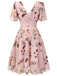 Pink Flowers And Birds Bowknot V-Neck Dress