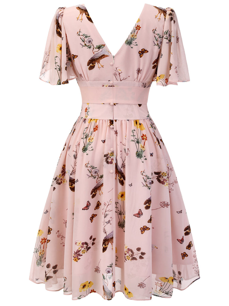 Pink Flowers And Birds Bowknot V-Neck Dress