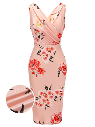 Pink 1960s V-neck Wrap Floral Pencil Dress