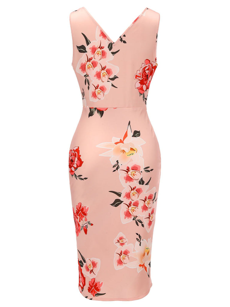 Pink 1950s V-neck Wrap Floral Pencil Dress