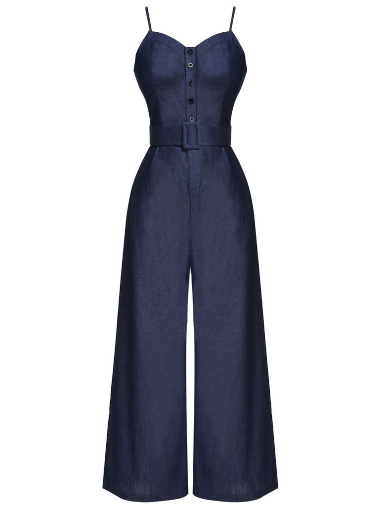 Navy Blue 1930s Cowboy Solid Strap Jumpsuit