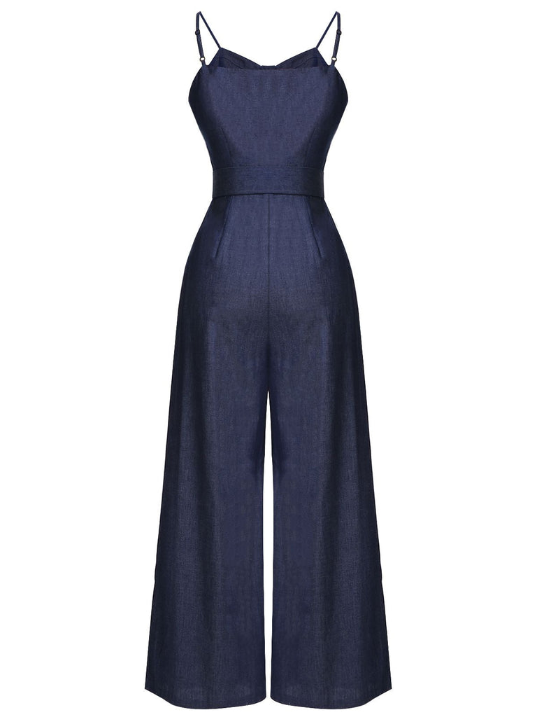 Navy Blue 1930s Cowboy Solid Strap Jumpsuit