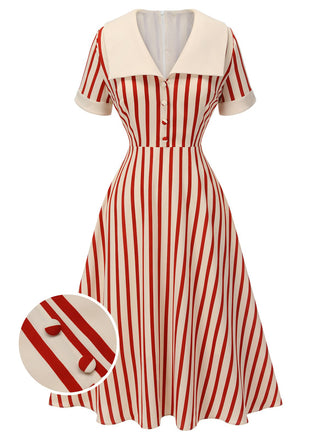 Red 1940s Lapel Vertical Stripes Dress