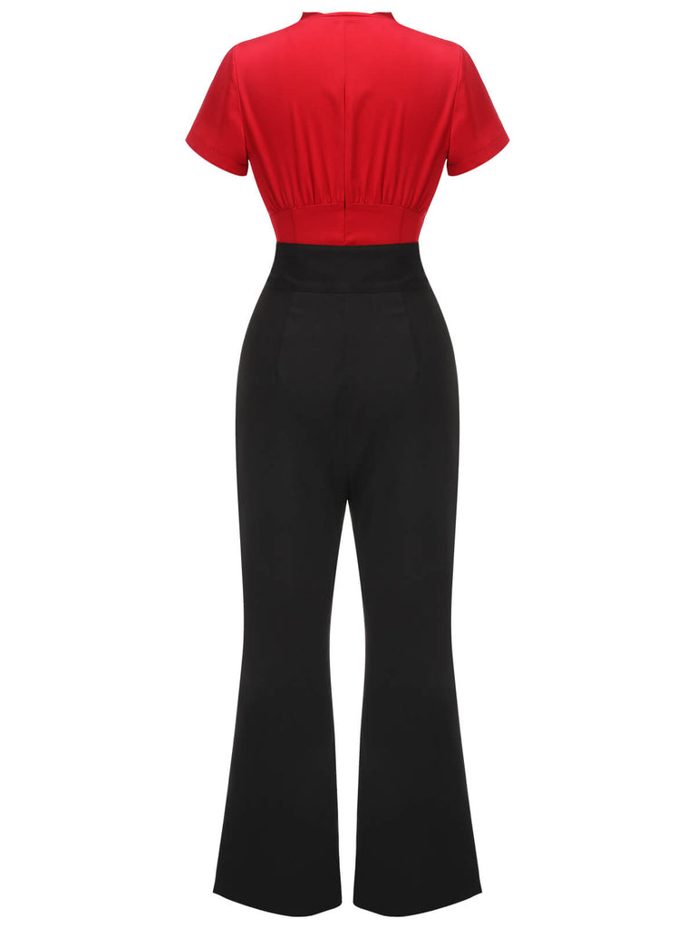 2PCS 1940s Red Tie-Up Blouse & Black Pants