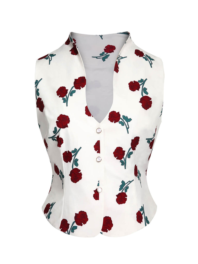 White 1950s Roses Vintage Sleeveless Top