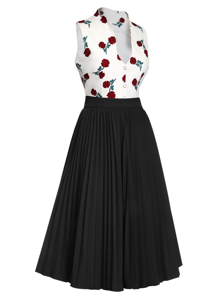 2PCS 1950s White Roses Top & Black Skirt