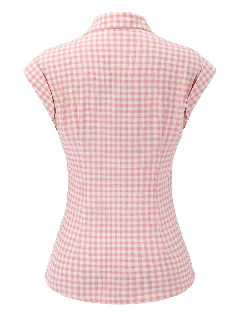 Pink 1950s Gingham Plaid Lapel Shirt