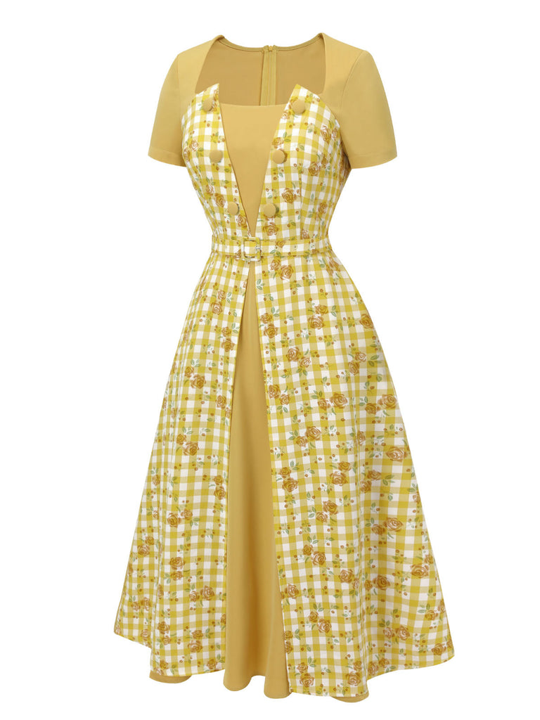 Yellow 1950s Plaid Rose Panel Raglan Dress