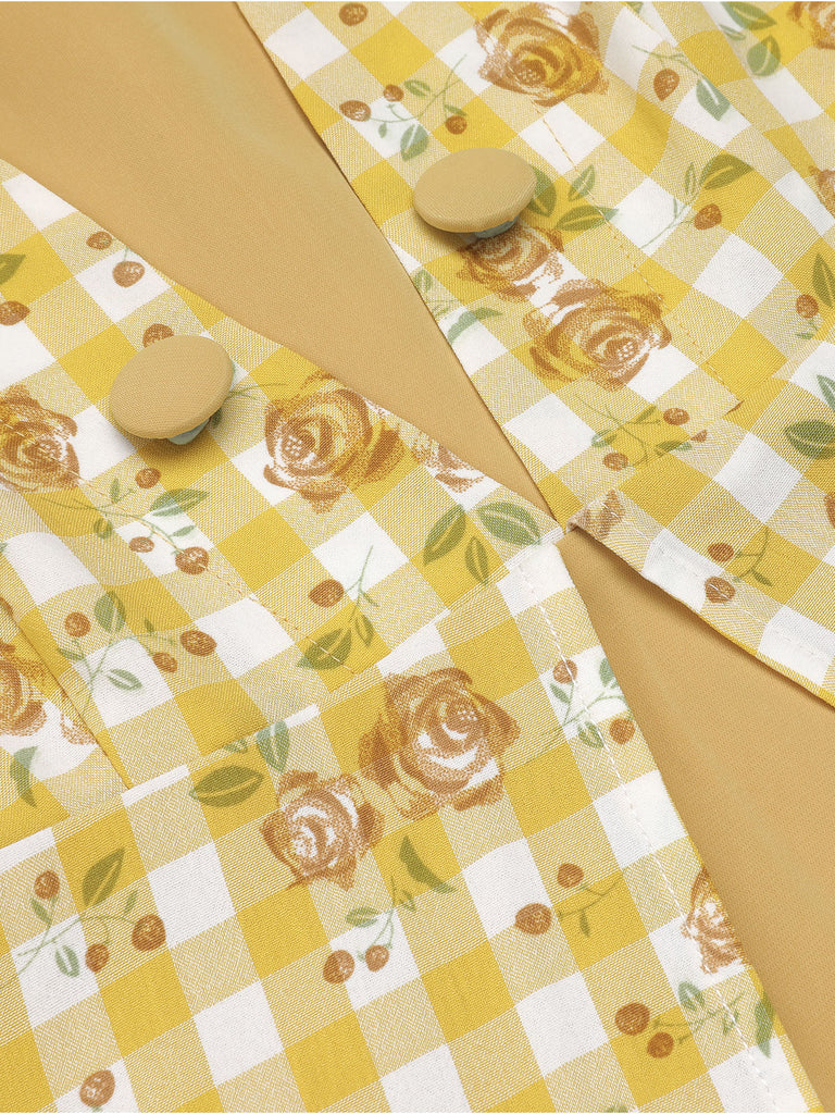 Yellow 1950s Plaid Rose Panel Raglan Dress