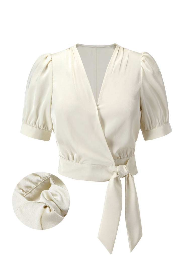 Beige 1950s Satin Puff Sleeve V-Neck Blouse