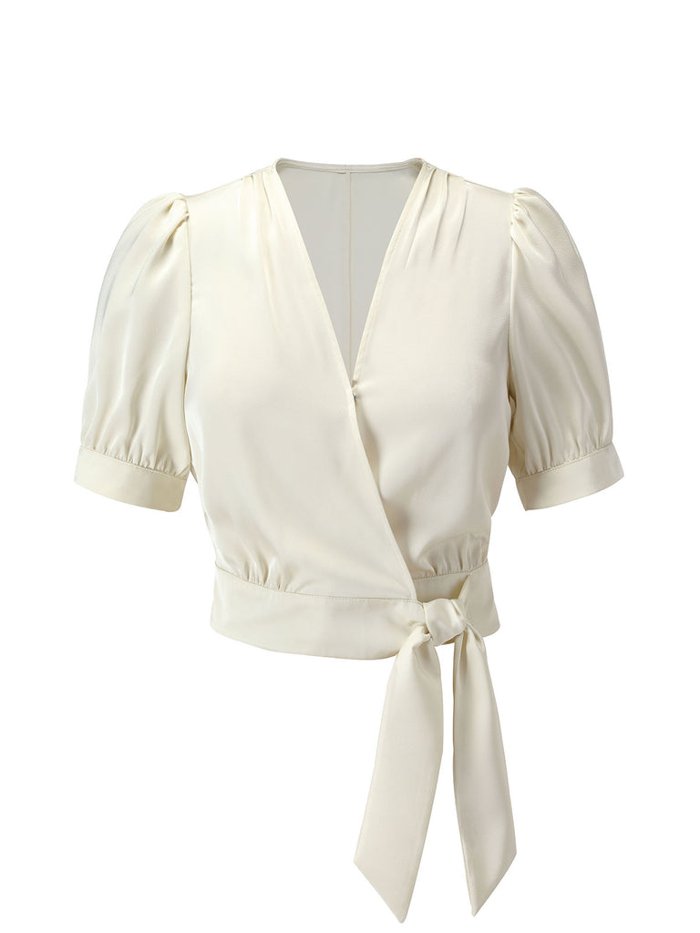 Beige 1950s Satin Puff Sleeve V-Neck Blouse